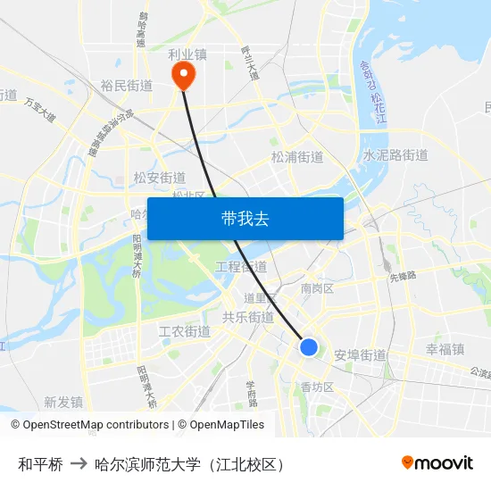 和平桥 to 哈尔滨师范大学（江北校区） map