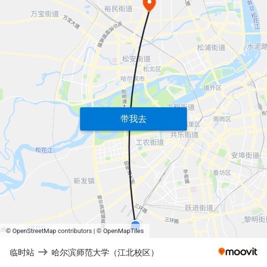 临时站 to 哈尔滨师范大学（江北校区） map
