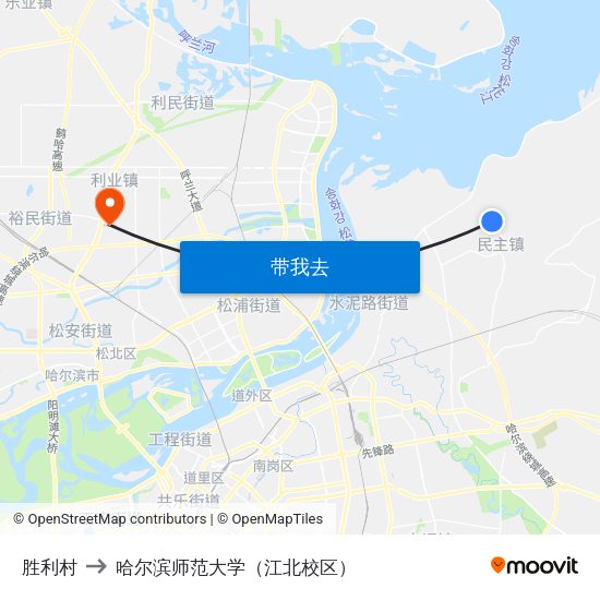 胜利村 to 哈尔滨师范大学（江北校区） map