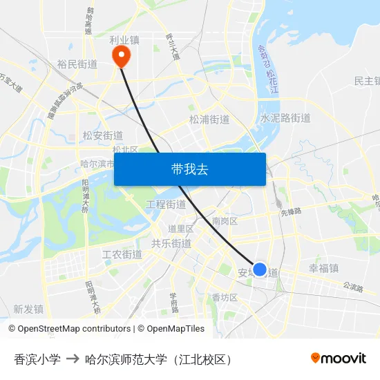 香滨小学 to 哈尔滨师范大学（江北校区） map
