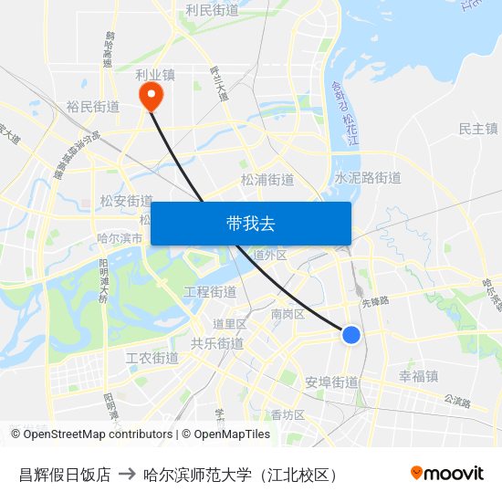 昌辉假日饭店 to 哈尔滨师范大学（江北校区） map