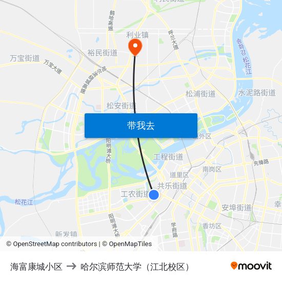 海富康城小区 to 哈尔滨师范大学（江北校区） map
