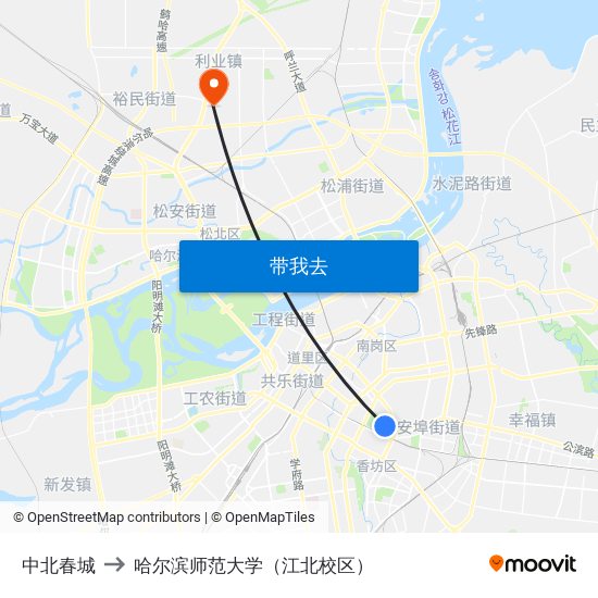 中北春城 to 哈尔滨师范大学（江北校区） map