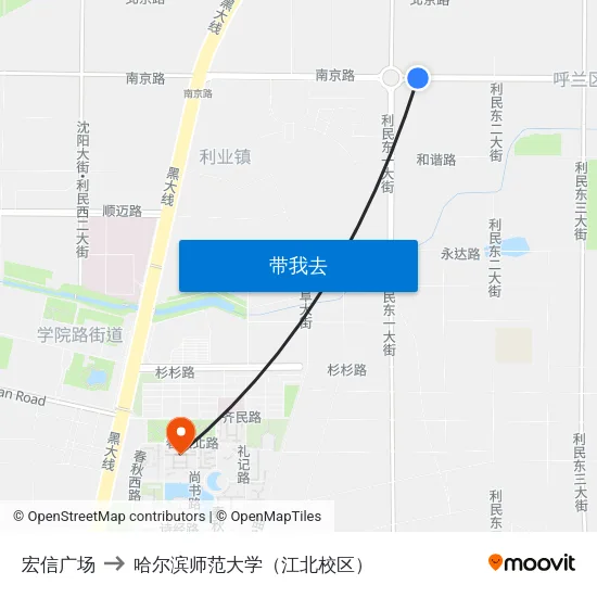 宏信广场 to 哈尔滨师范大学（江北校区） map