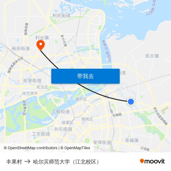 丰果村 to 哈尔滨师范大学（江北校区） map