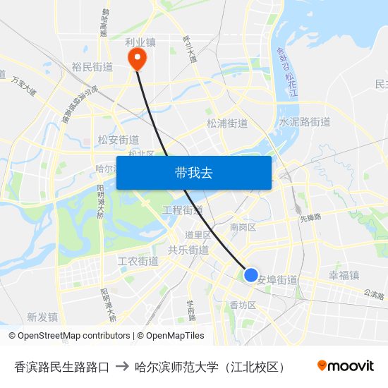 香滨路民生路路口 to 哈尔滨师范大学（江北校区） map