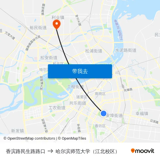 香滨路民生路路口 to 哈尔滨师范大学（江北校区） map