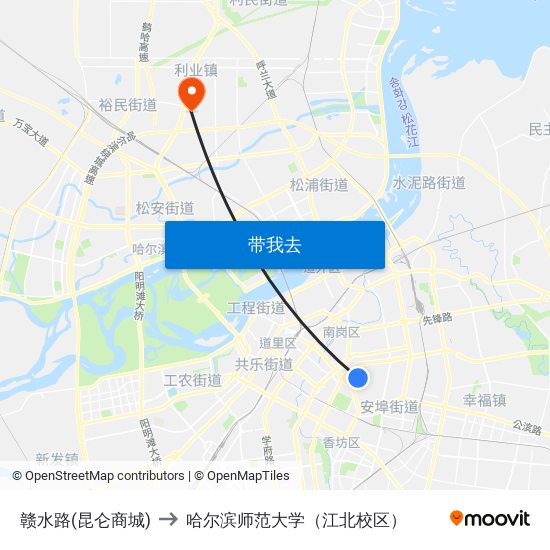 赣水路(昆仑商城) to 哈尔滨师范大学（江北校区） map
