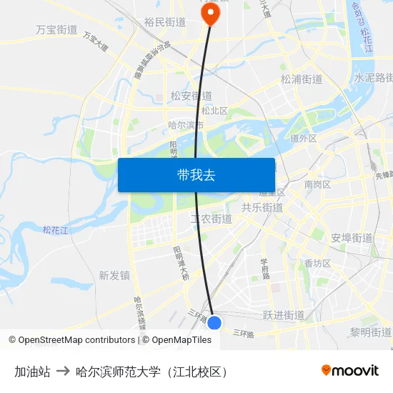 加油站 to 哈尔滨师范大学（江北校区） map