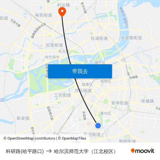 科研路(哈平路口) to 哈尔滨师范大学（江北校区） map