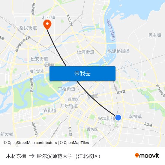 木材东街 to 哈尔滨师范大学（江北校区） map
