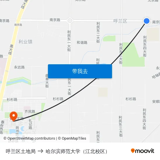 呼兰区土地局 to 哈尔滨师范大学（江北校区） map