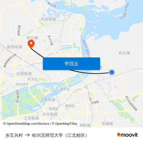 乡五兴村 to 哈尔滨师范大学（江北校区） map