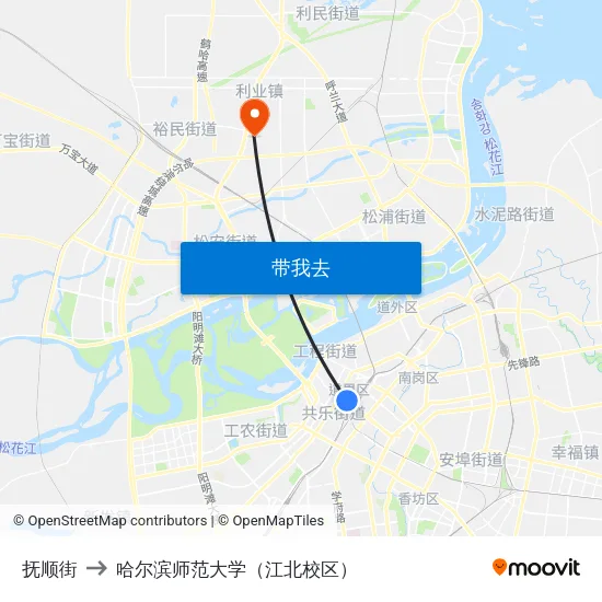 抚顺街 to 哈尔滨师范大学（江北校区） map