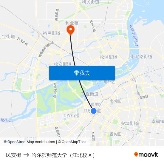民安街 to 哈尔滨师范大学（江北校区） map
