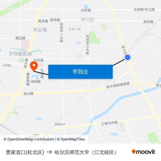 曹家道口(松北区) to 哈尔滨师范大学（江北校区） map