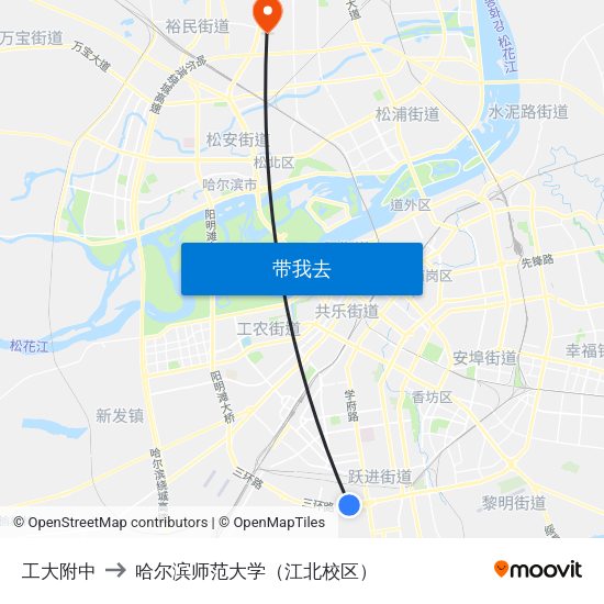 工大附中 to 哈尔滨师范大学（江北校区） map