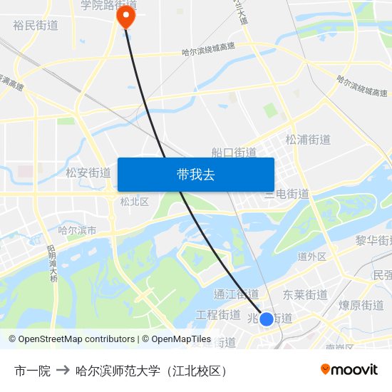 市一院 to 哈尔滨师范大学（江北校区） map