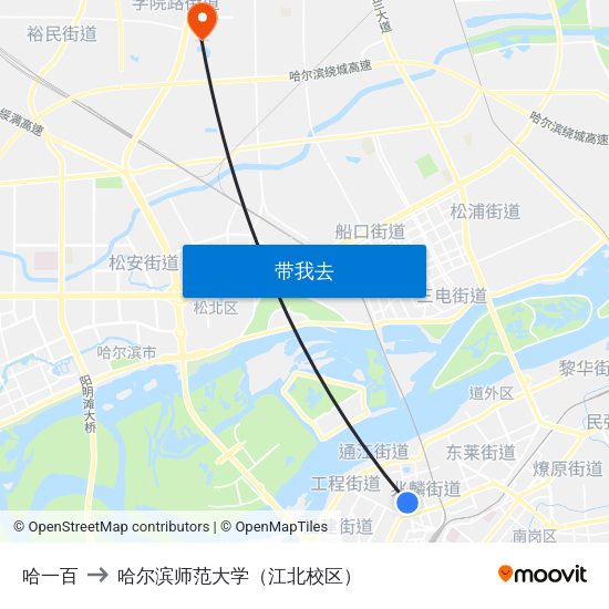 哈一百 to 哈尔滨师范大学（江北校区） map