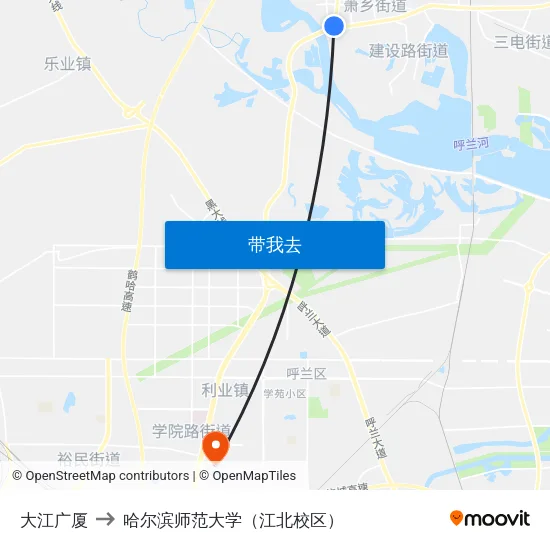 大江广厦 to 哈尔滨师范大学（江北校区） map