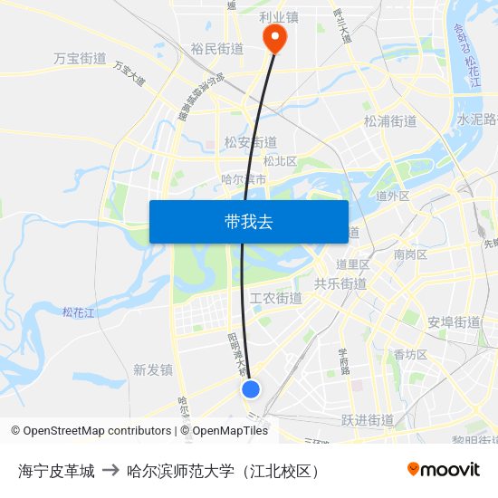 海宁皮革城 to 哈尔滨师范大学（江北校区） map