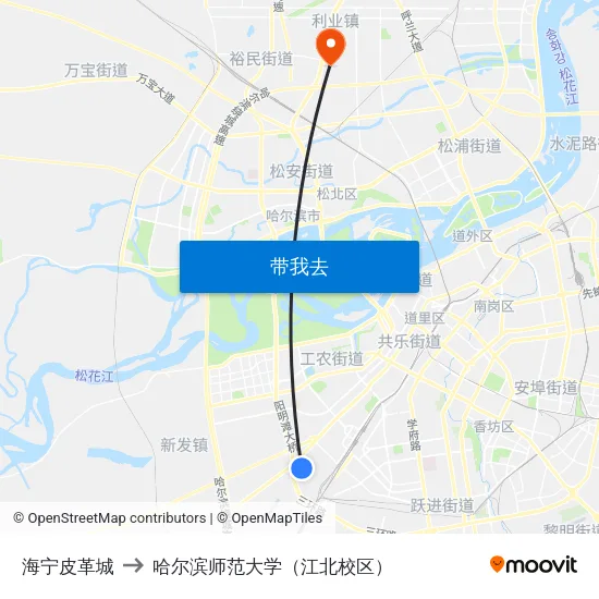 海宁皮革城 to 哈尔滨师范大学（江北校区） map