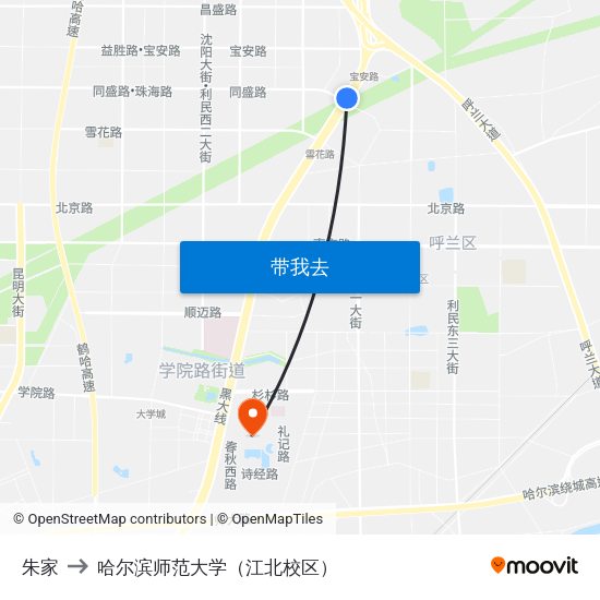 朱家 to 哈尔滨师范大学（江北校区） map