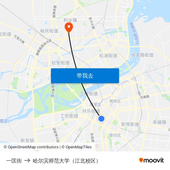 一匡街 to 哈尔滨师范大学（江北校区） map