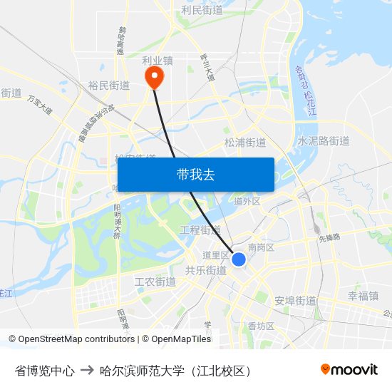 省博览中心 to 哈尔滨师范大学（江北校区） map
