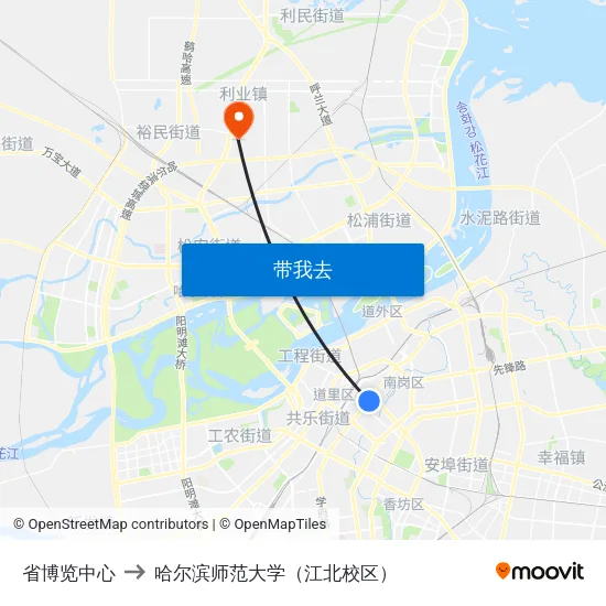 省博览中心 to 哈尔滨师范大学（江北校区） map