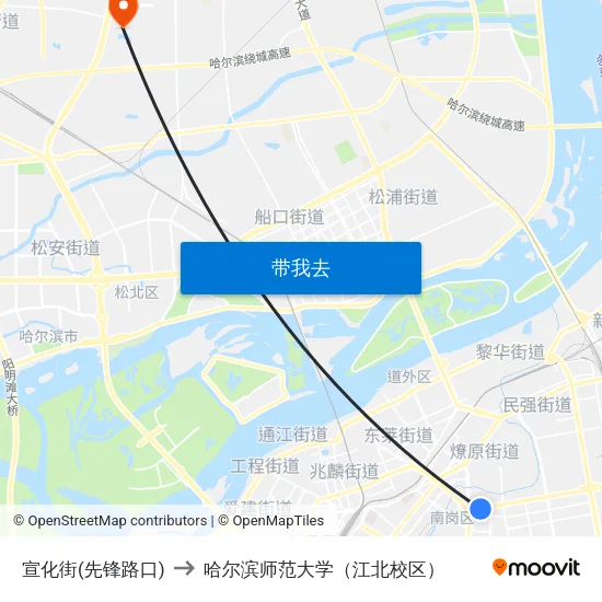 宣化街(先锋路口) to 哈尔滨师范大学（江北校区） map