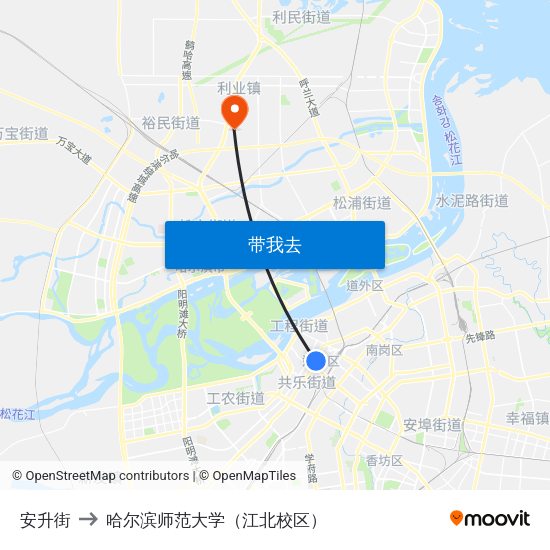 安升街 to 哈尔滨师范大学（江北校区） map
