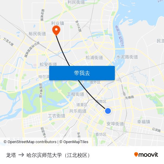 龙塔 to 哈尔滨师范大学（江北校区） map
