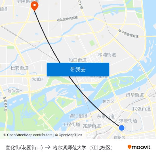 宣化街(花园街口) to 哈尔滨师范大学（江北校区） map