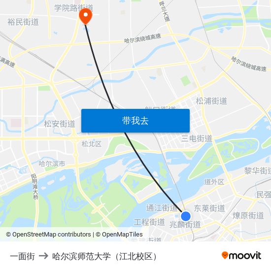 一面街 to 哈尔滨师范大学（江北校区） map