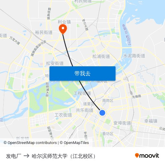 发电厂 to 哈尔滨师范大学（江北校区） map
