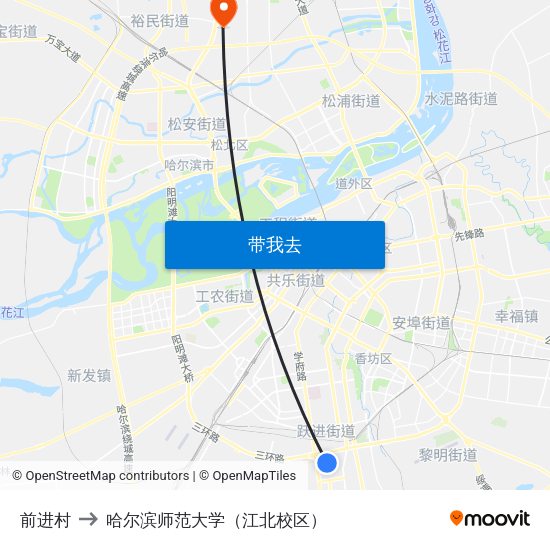 前进村 to 哈尔滨师范大学（江北校区） map