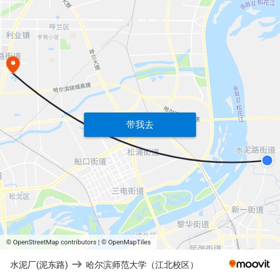 水泥厂(泥东路) to 哈尔滨师范大学（江北校区） map