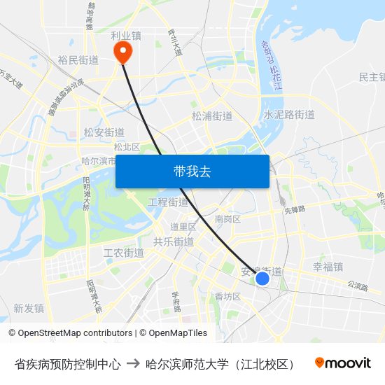 省疾病预防控制中心 to 哈尔滨师范大学（江北校区） map