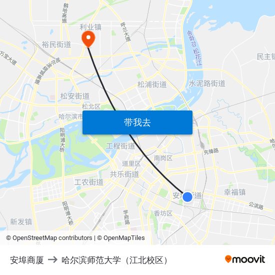 安埠商厦 to 哈尔滨师范大学（江北校区） map