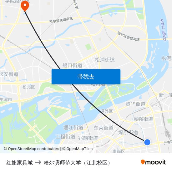 红旗家具城 to 哈尔滨师范大学（江北校区） map