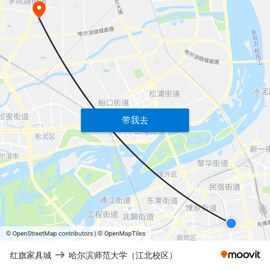 红旗家具城 to 哈尔滨师范大学（江北校区） map