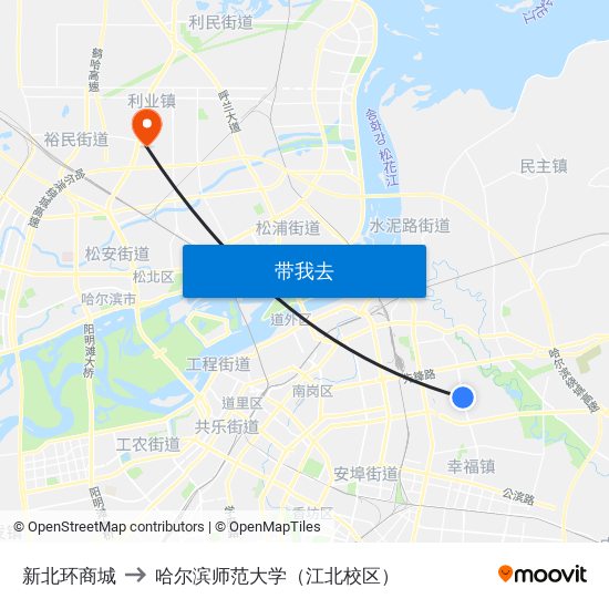 新北环商城 to 哈尔滨师范大学（江北校区） map