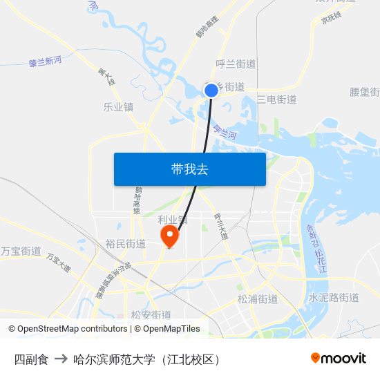 四副食 to 哈尔滨师范大学（江北校区） map