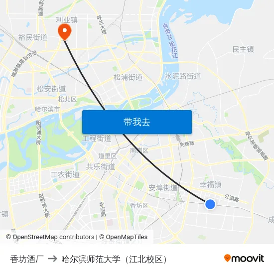 香坊酒厂 to 哈尔滨师范大学（江北校区） map