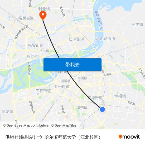 供销社(临时站) to 哈尔滨师范大学（江北校区） map