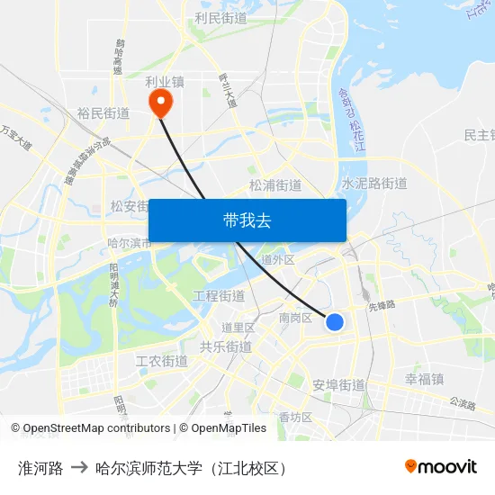淮河路 to 哈尔滨师范大学（江北校区） map