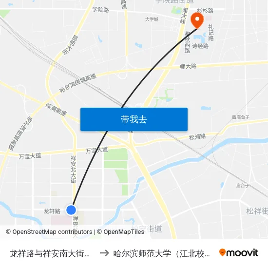 龙祥路与祥安南大街交口 to 哈尔滨师范大学（江北校区） map