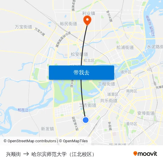 兴顺街 to 哈尔滨师范大学（江北校区） map