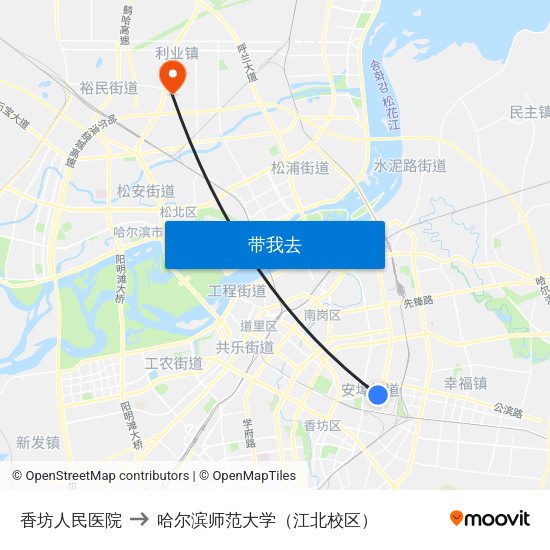 香坊人民医院 to 哈尔滨师范大学（江北校区） map